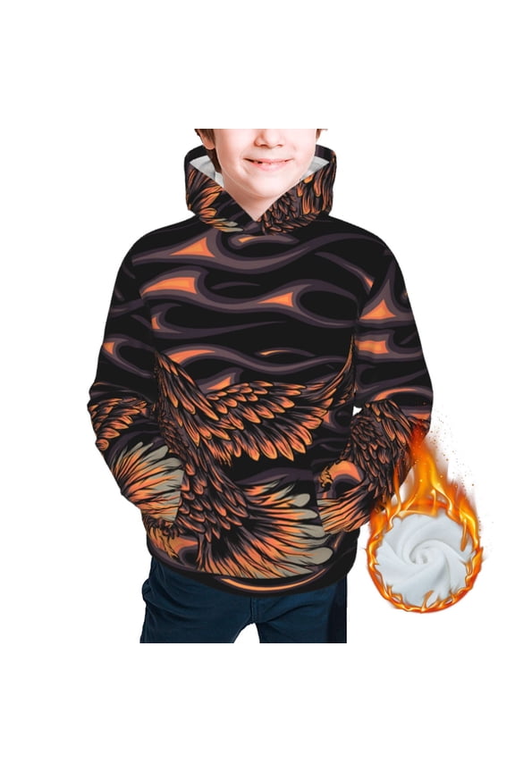 Kids Youth 3D Print Warm Hoodie Thickened Hooded Pullover Sweatshirt, Flaming Eagle Fire