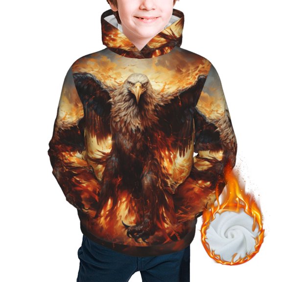 Kids Youth 3D Print Warm Hoodie Thickened Hooded Pullover Sweatshirt, Flaming Fire Eagle Art
