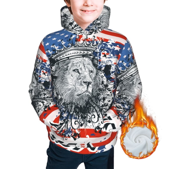 Kids Youth 3D Print Warm Hoodie Thickened Hooded Pullover Sweatshirt, Lion USA Flag