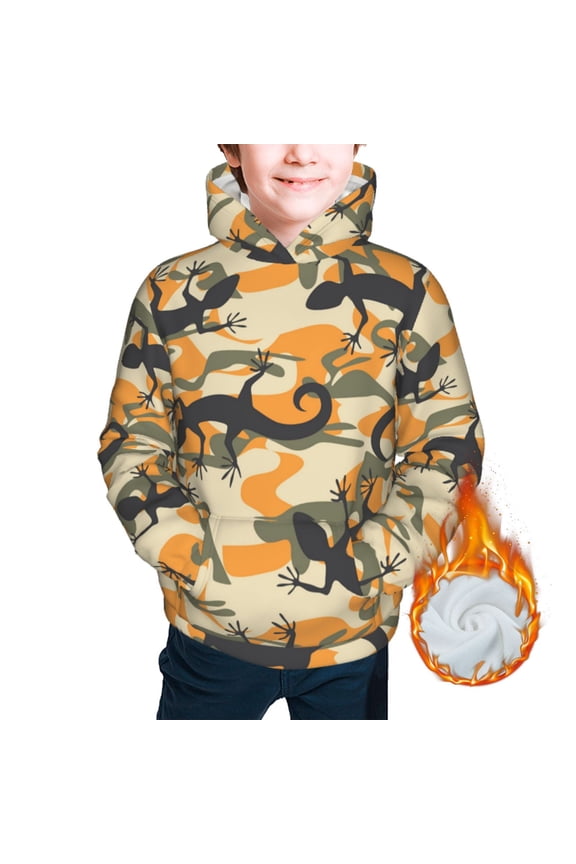 Kids Youth 3D Print Warm Hoodie Thickened Hooded Pullover Sweatshirt, Lizard Camouflage Camo