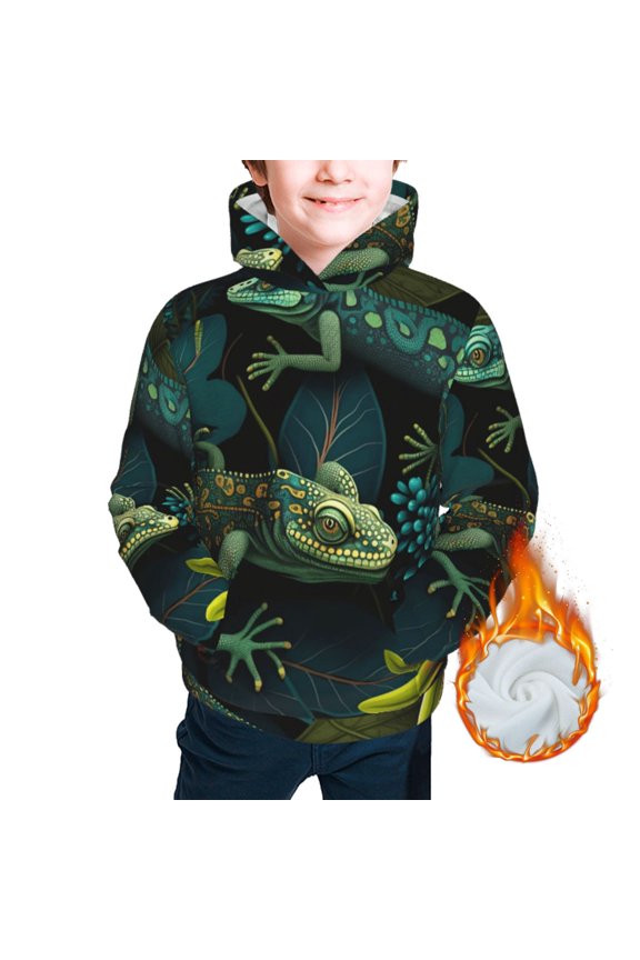 Kids Youth 3D Print Warm Hoodie Thickened Hooded Pullover Sweatshirt, Lizards Lizard Art Green