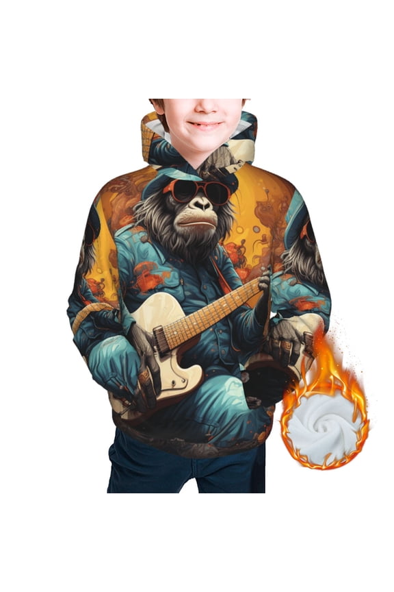 Kids Youth 3D Print Warm Hoodie Thickened Hooded Pullover Sweatshirt, Monkey Playing Guitar Cool