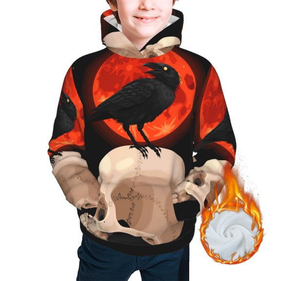 Kids Youth 3D Print Warm Hoodie Thickened Hooded Pullover Sweatshirt, Raven Skull Red Moon