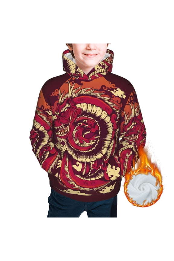Kids Youth 3D Print Warm Hoodie Thickened Hooded Pullover Sweatshirt, Red Dragon Cloud Japan Traditional