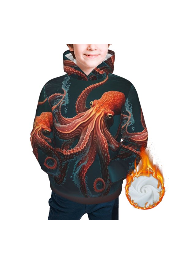 Kids Youth 3D Print Warm Hoodie Thickened Hooded Pullover Sweatshirt, Red Octopus Tentacles Art