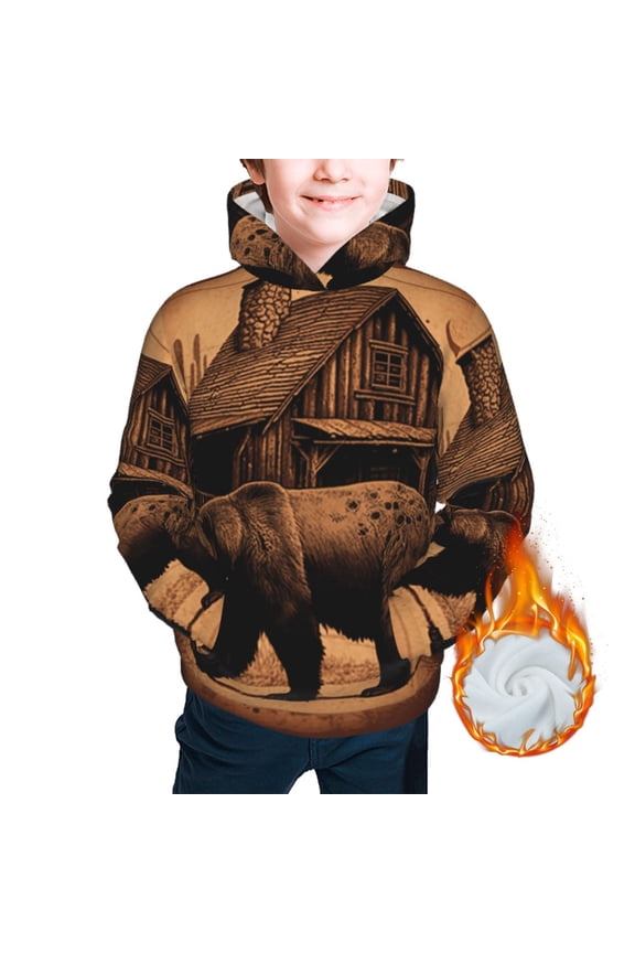 Kids Youth 3D Print Warm Hoodie Thickened Hooded Pullover Sweatshirt, Rustic Lodge Cabin Bear Southwestern Vintage