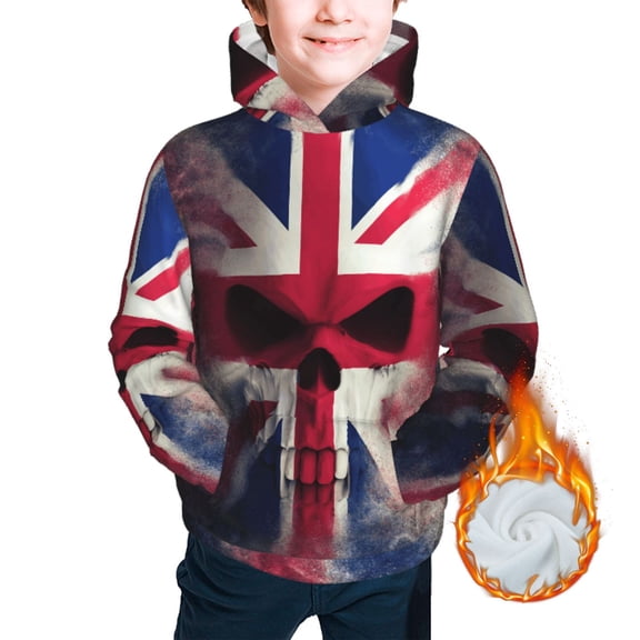 Kids Youth 3D Print Warm Hoodie Thickened Hooded Pullover Sweatshirt, Skull Face Union Jack Uk Flag
