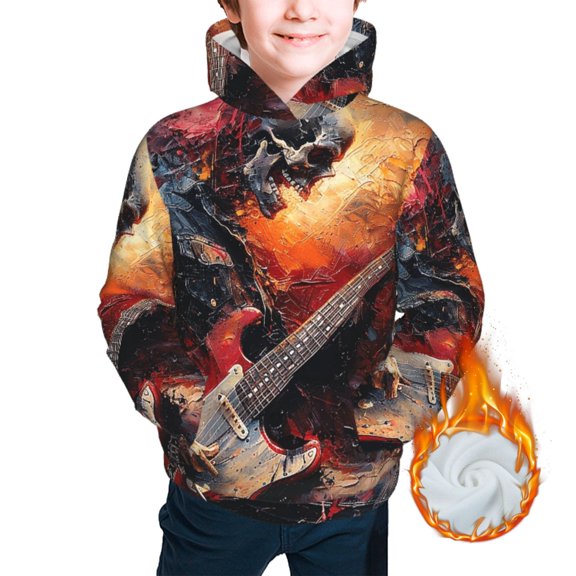 Kids Youth 3D Print Warm Hoodie Thickened Hooded Pullover Sweatshirt, Skull Rock Music Heavy Metal Cool Art