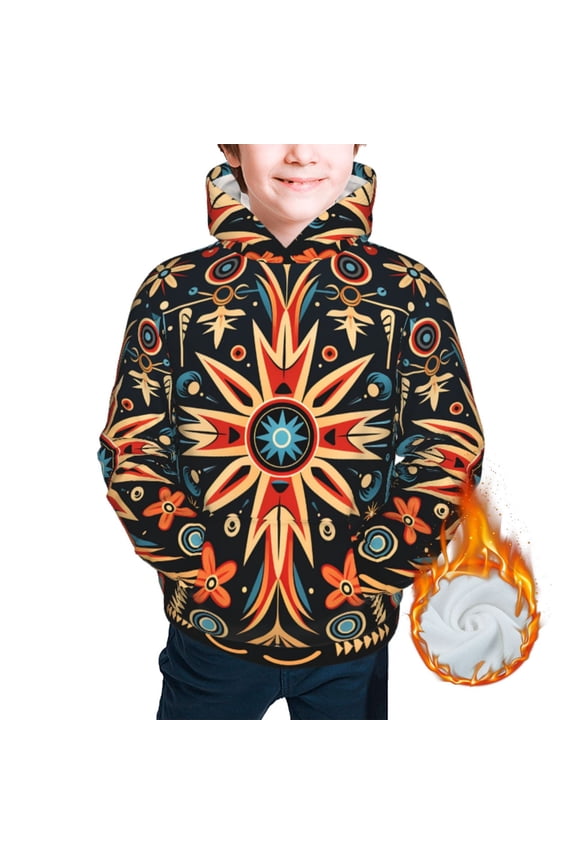 Kids Youth 3D Print Warm Hoodie Thickened Hooded Pullover Sweatshirt, Southwest Native American Art Black