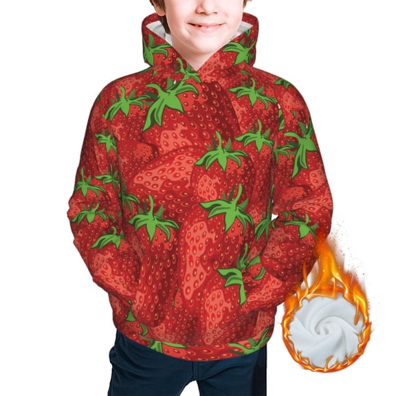 Kids Youth 3D Print Warm Hoodie Thickened Hooded Pullover Sweatshirt, Strawberries Cute Strawberry