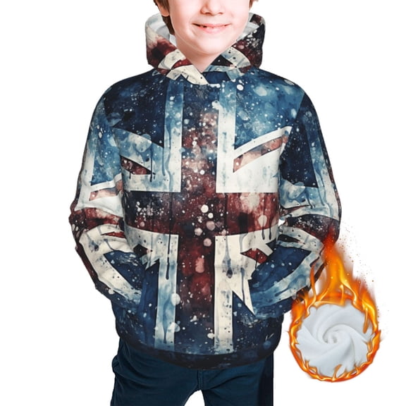 Kids Youth 3D Print Warm Hoodie Thickened Hooded Pullover Sweatshirt, Union Jack Vintage UK Flag Starry