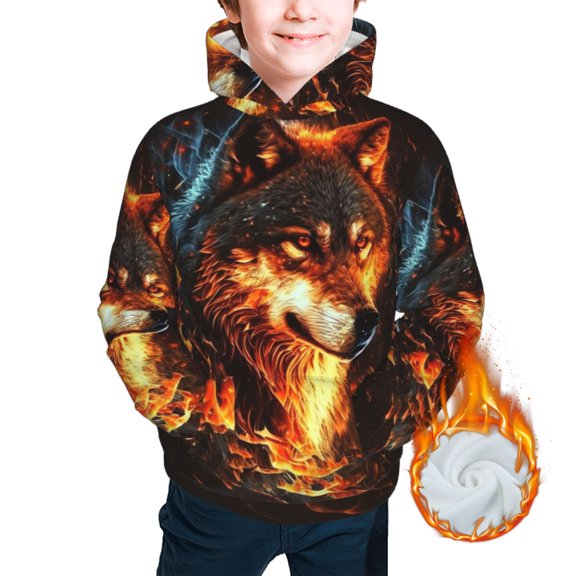 Kids Youth 3D Print Warm Hoodie Thickened Hooded Pullover Sweatshirt, Wolf On Fire Burning Cool Flaming