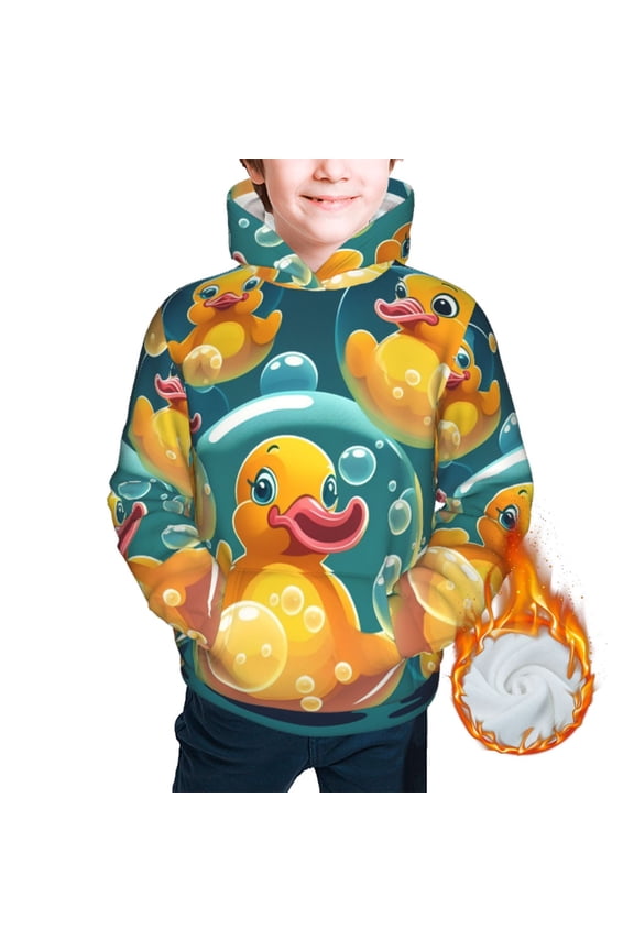 Kids Youth 3D Print Warm Hoodie Thickened Hooded Pullover Sweatshirt, Yellow Rubber Ducks Funny Soap Bubbles