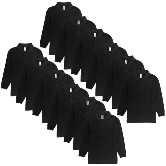 Kids Youth Long Sleeve Polo Golf Shirt Back to School Uniform Boys and Girls X-Small Black (Pack of 12)