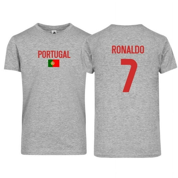 Kids/Youth Portugal Flag Ronaldo #7 Short Sleeve Tee Shirt – Front & Back Design - HTR Grey/Red - Youth X-Small
