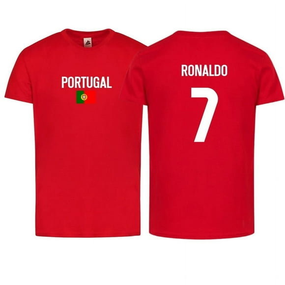 Kids/Youth Portugal Flag Ronaldo #7 Short Sleeve Tee Shirt – Front & Back Design - Red/White - Youth X-Small