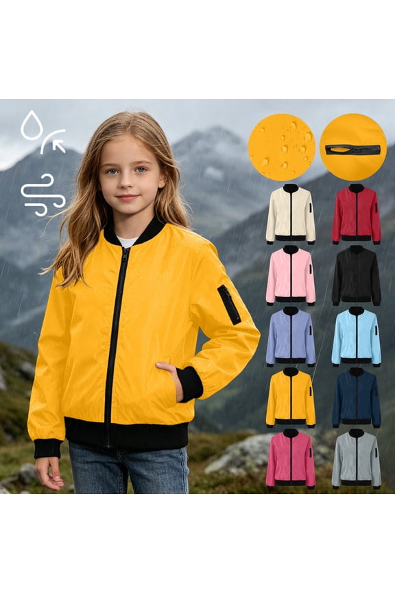 Kids Zip Bomber Jacket with Pockets, Waterproof Windproof Long Sleeve Outdoor Coat for Boys Girls Ages 5-16 Fall Casual Outerwear Yellow 15 Years