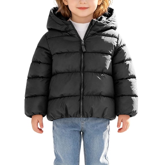 Kids Zip Up Coat Girls Thickened Long Sleeve Puffer Jacket Toddler Warm Winter Coats Outerwears with Hooded Down for Outdoor Activities 12Months-7Years ,Black ,4 Years