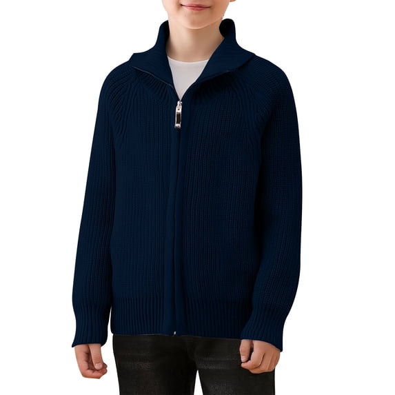 Kids Zip Front Sweater Girls Boys Ribbed Full Zipper Knit Cardigan Sweaters Soft Cotton Collared Jackets Dark Blue, 11 Y