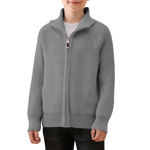 Kids Zip Front Sweater Girls Boys Ribbed Full Zipper Knit Cardigan Sweaters Soft Cotton Collared Jackets Gray, 5 Y