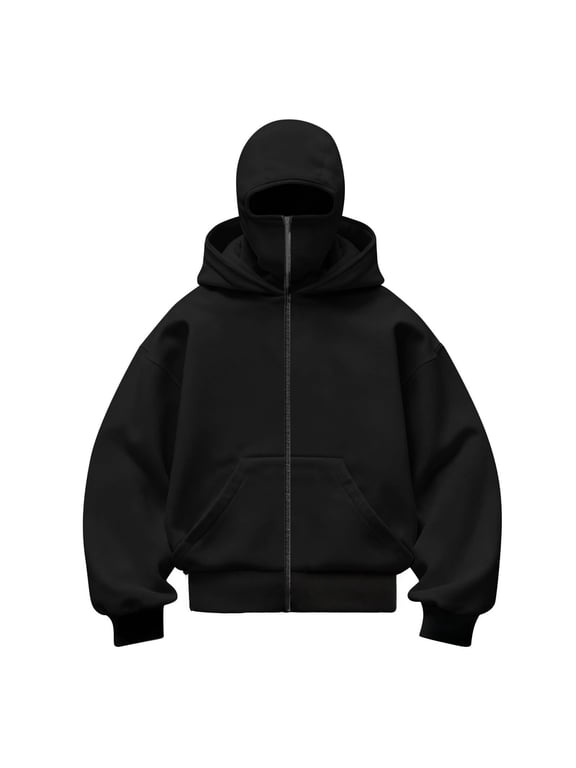 Kids Zip Hoodie with Face Mask Winter Warm Casual Hoodies Double Layer Hooded Y2K Sports Jacket Balaclava Hoodie for Boys and Girls Black