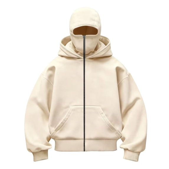 Kids Zip Hoodie with Face Mask Winter Warm Casual Hoodies Double Layer Hooded Y2K Sports Jacket Balaclava Hoodie for Boys and Girls White
