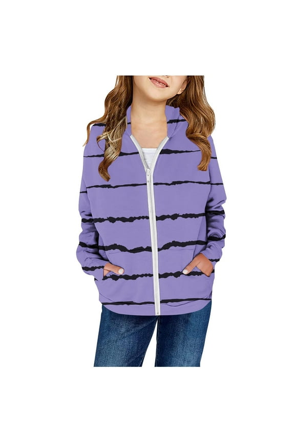 Kids Zip up Jacket, Toddler Girls Long Sleeve Hoodie Sweatshirts Tops, Winter Striped Print Lightweight Zip-Front Hooded Jackets Coat Outerwear Purples 13T