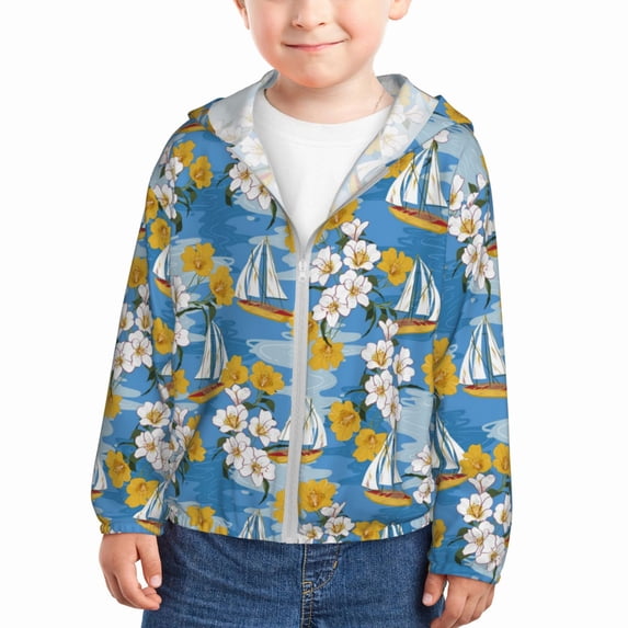 Kids Zip Up Hoodie for Boys Girls Toddler - Flower and Sail Boat Lightweight Long Sleeve 2T Boys Girl Clothes, Sun Protection Windproof Jackets Hoodie Sweatshirt