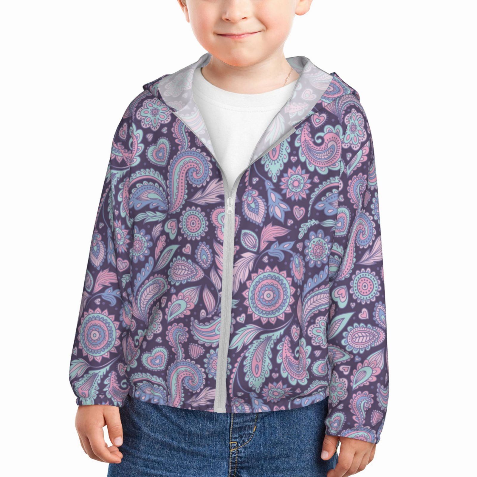 Kids Zip Up Hoodie for Boys Girls Toddler Paisley Print pink