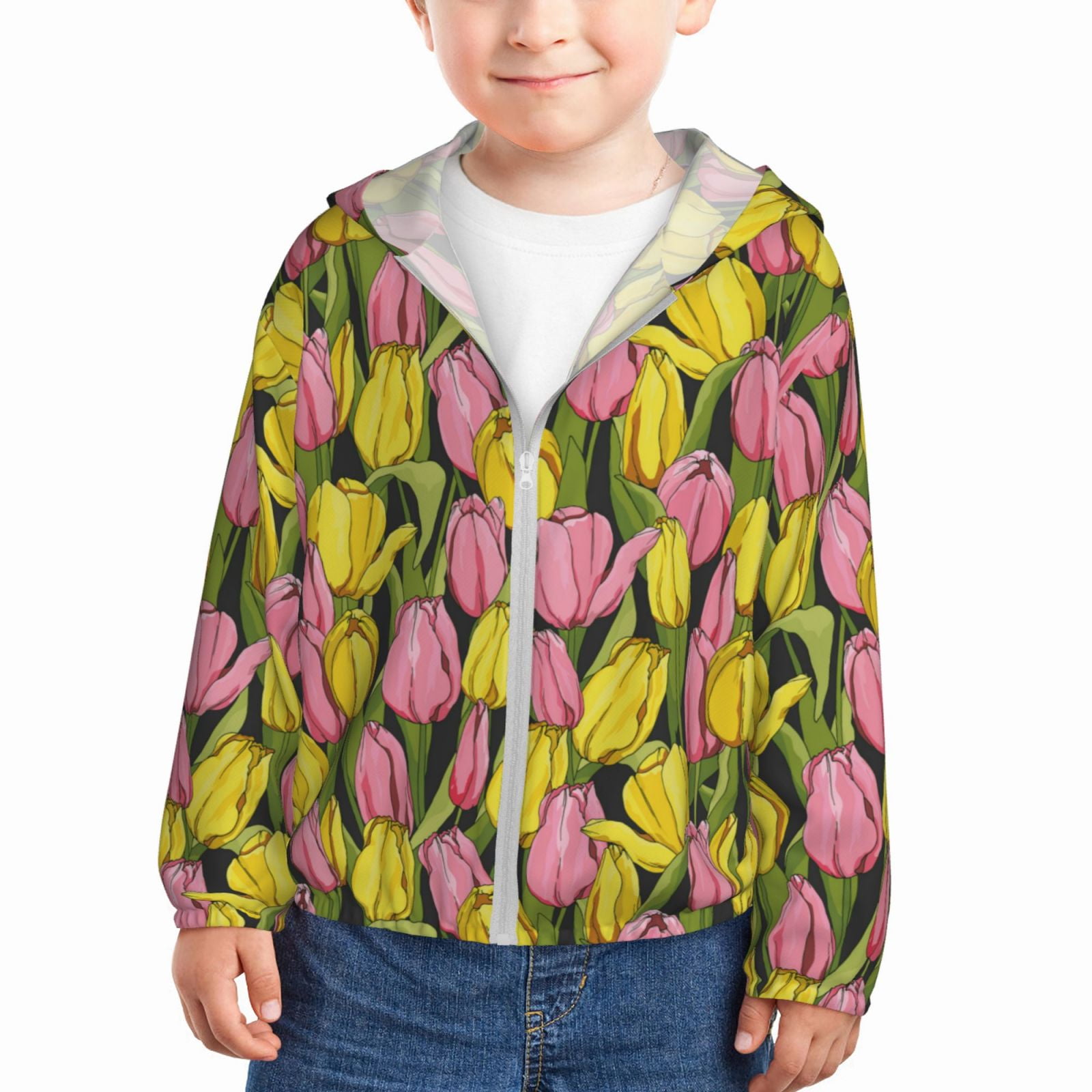 Kids Zip Up Hoodie for Boys Girls Toddler Tulips Flowers Brilliant