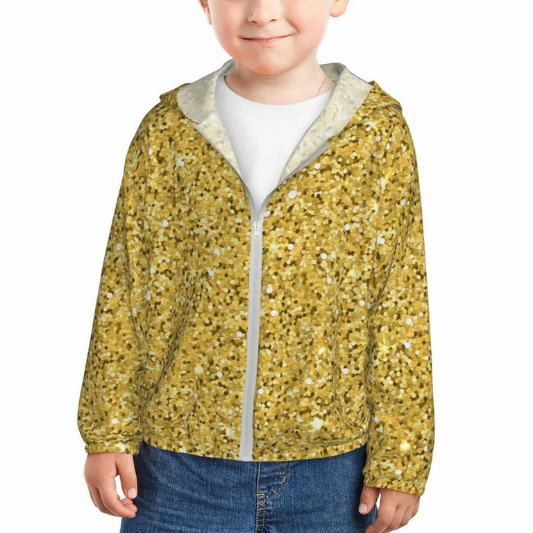 Buewutiry Kids Zip Up Hoodie for Girls Boys Toddler Gold Glitter Sparkles Lightweight Long Sleeve 3T Boys Girl Clothes Sun Protection Windproof