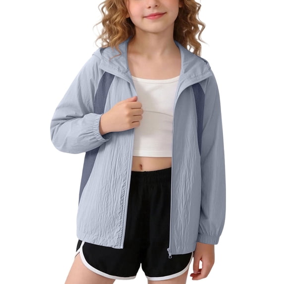 Kids Zip-Up Hoodie Jackets Girls Boys UPF 50+ Sun Protection Jacket Lightweight Color Block Hooded Coat Trendy Outwear with Pockets Gray 3-4 Years