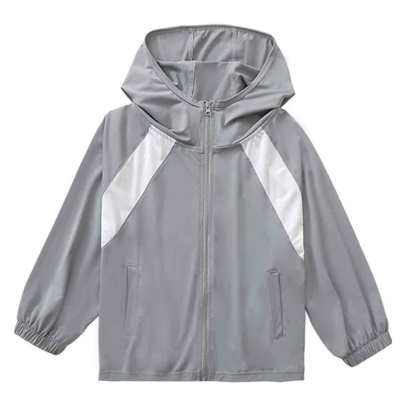 Kids Zip-Up Hoodie Jackets Girls Boys UPF 50+ Sun Protection Jacket Lightweight Color Block Hooded Coat Trendy Summer Outwear with Pockets Gray 14-15 Years