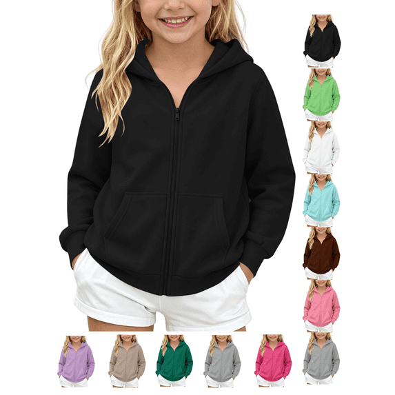 Kids Zip Up Hoodie Sweatshirt Loose Fitting Durable Solid Color Sweat Shirt Fashion Hooded with Pockets