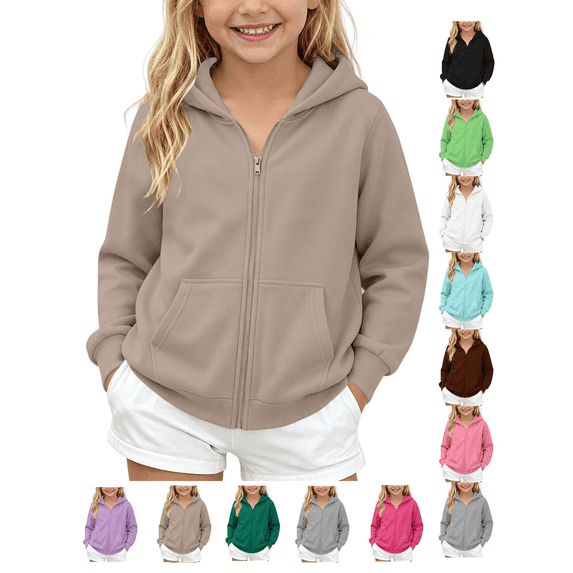 Kids Zip Up Hoodie Sweatshirt Loose Fitting Durable Solid Color Sweat Shirt Fashion Hooded with Pockets