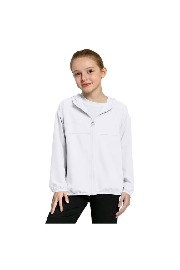 Kids Zip-Up Hoodie UPF50+ Sun Protection Jacket Mesh Breathable Hooded Cooling Sunshirt Jackets Girls Boys (12-13 Years, White)