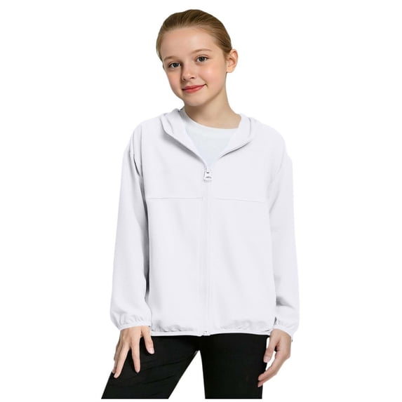 Kids Zip-Up Hoodie UPF50+ Sun Protection Jacket Mesh Breathable Hooded Cooling Sunshirt Jackets Girls Boys (8-9 Years, White)