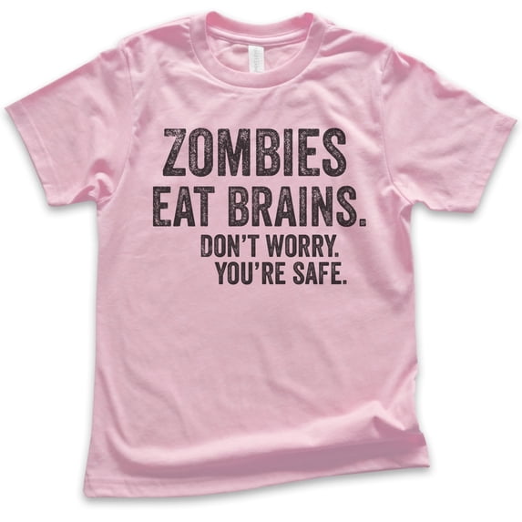 Kids Zombies Eat Brains Don't Worry You're Safe T-shirt, Youth Kids Boy Girl T-Shirt, Funny Halloween Shirt, Light Pink, Large