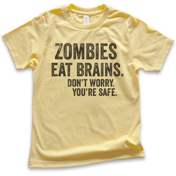 Kids Zombies Eat Brains Don't Worry You're Safe T-shirt, Youth Kids Boy Girl T-Shirt, Funny Halloween Shirt, Yellow, X-Small