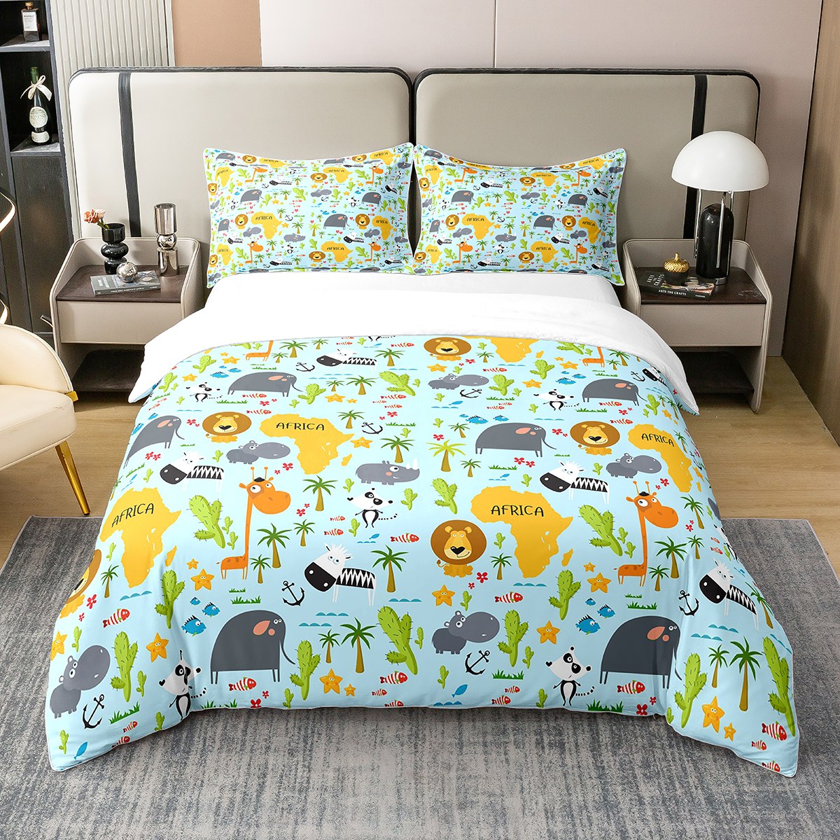 Kids Zoo Animal 100 Natural Cotton Duvet Cover Twin,Cute Cartoon Lion Giraffe Hippo Raccoon