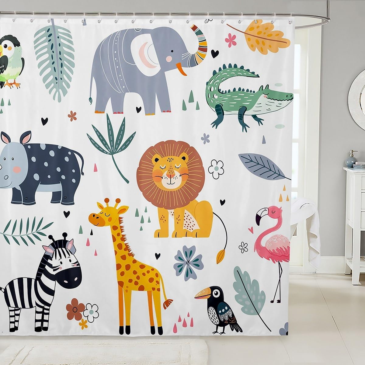 Kids Zoo Animal Bath Curtain Cute Wild Animals Shower Curtain Cartoon Safari Wild Bathroom Shower Curtain Set Boys Girls Bedroom Decor Exotic Natural Waterproof Shower Curtain with Hooks 72x84 Inch