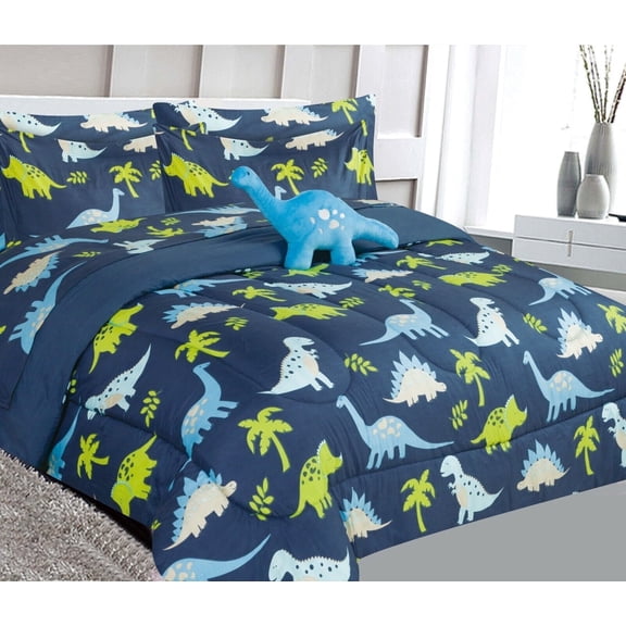 Kids bed in bag comforter and sheet set Full size 8pc dinosaur blue super soft easy wash for boy girls kids bedroom décor