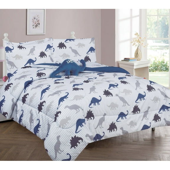 Kids bedding TWIN size comforter with matching sheet set and pillow plush toy super soft easy wash girl boy bed décor dinosaur taupe print design
