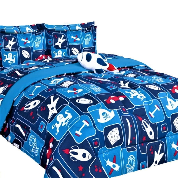 Kids bedding TWIN size comforter with matching sheet set and pillow plush toy girl boy bed decor toy rocket