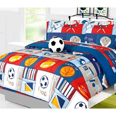 8-Piece Kids Full Size Bedding Set Reversible Soccer Patchwork Super Soft Comforter with Matching Sheets, Pillowcases & Shams for Boys & Girls