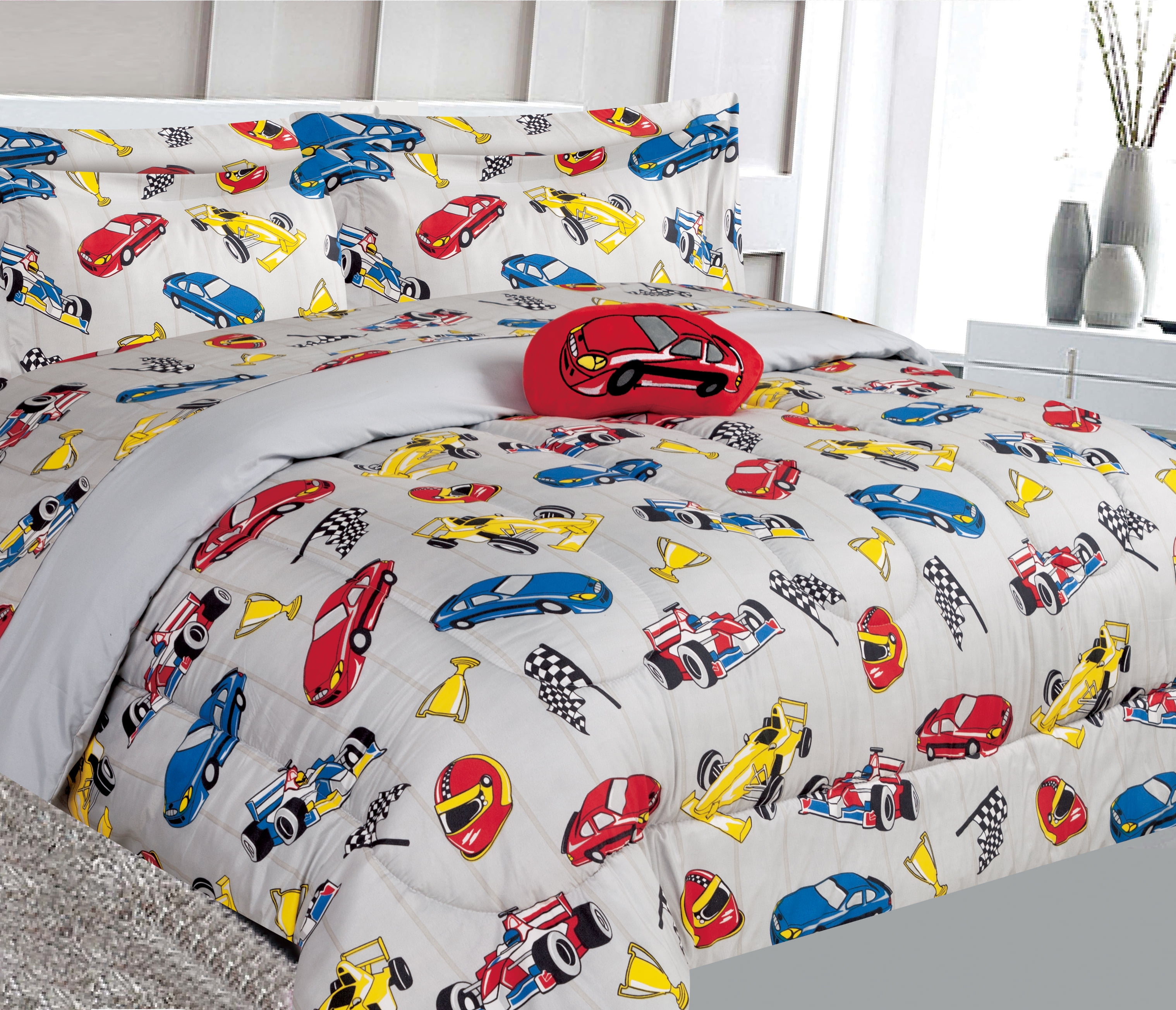 Walmart Kids Full Size Bedding Set, Super Soft Comforter with Race Cars Design, Grey Sheets, 8