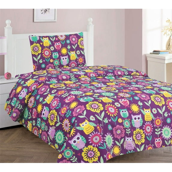Kids bedding sheet set TWIN size printed design super soft for boys girls multi-color easy wash lightweight Owl purple