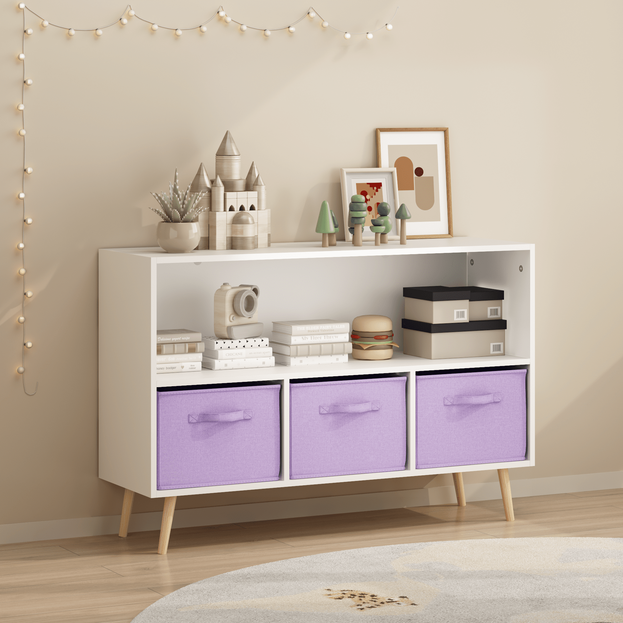 Kids bookcase with Collapsible Fabric Drawers, Children's Book Display, Toy Storage Cabinet Organizer, White/Purple