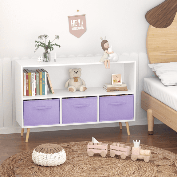 Kids bookcase with Collapsible Fabric Drawers, Children's Book Display, Toy Storage Cabinet Organizer,White/Purple