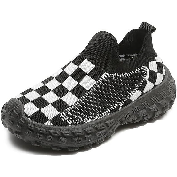 Kids easy wear Sneakers, Contrast Grid Motif, Black/White Color Scheme, Breathable Fabric Construction